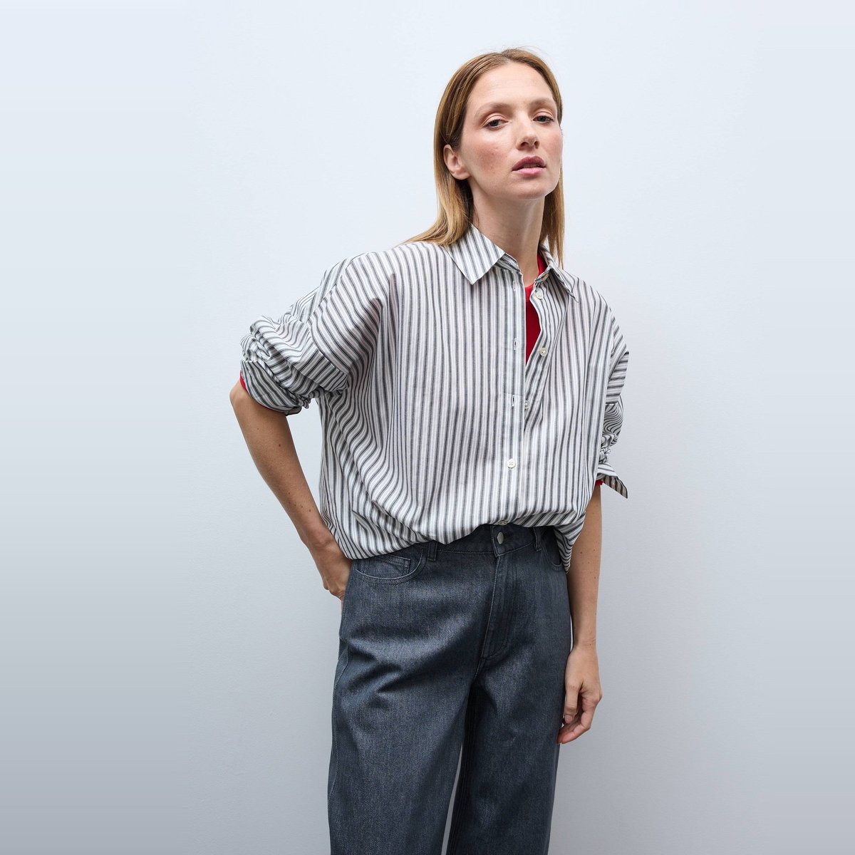 Chemise manches longues rayée en coton BIO GOTS gris fonce anthracite, MONOPRIX