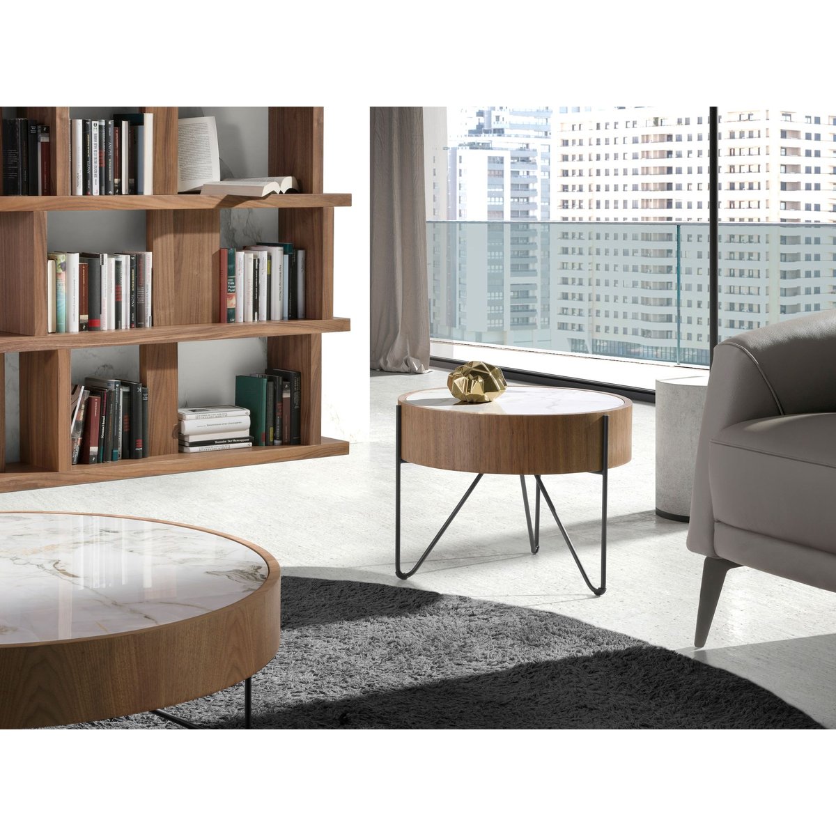 Table d'angle ronde en marbre porcelaine, noyer et acier noir noyer | blanc | noir, ANGEL CERDA