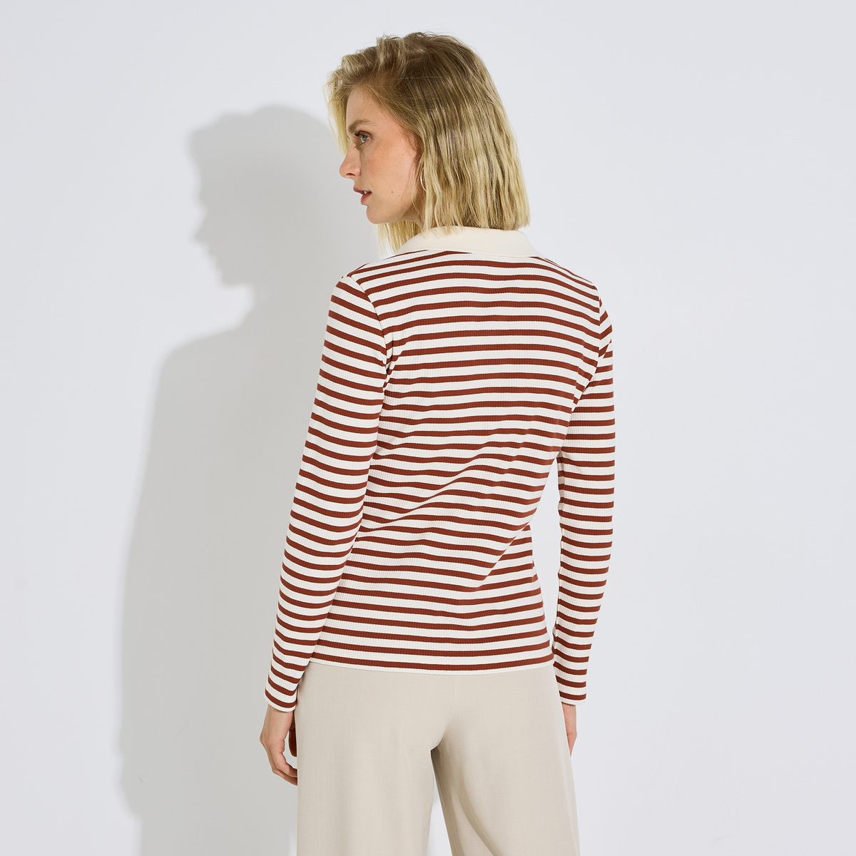 T-shirt col polo rayé orange bordeaux, GRAIN DE MALICE