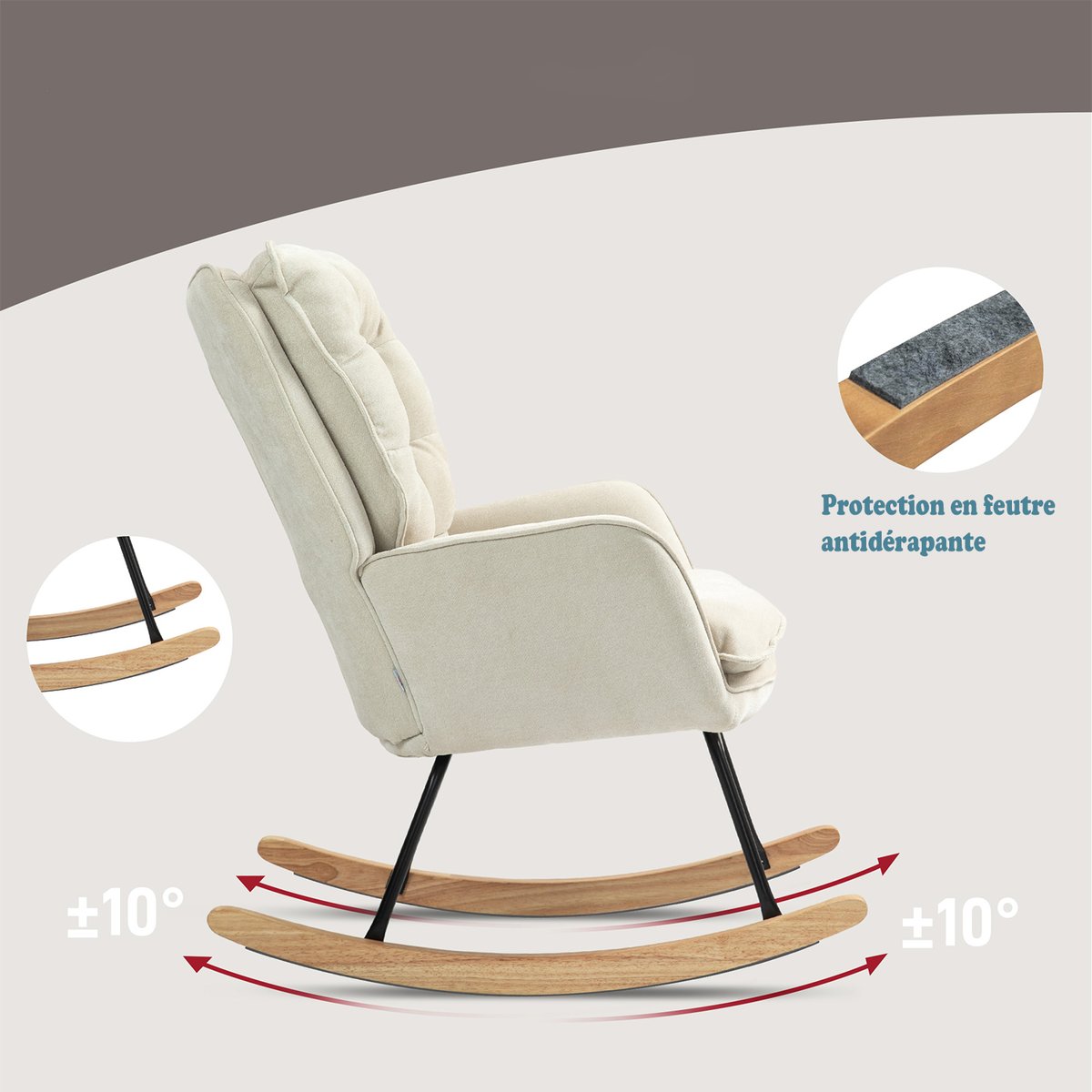 Fauteuil à bascule tissu chenille style scandinave, NEWFUNKELC beige, MEUBLES COSY