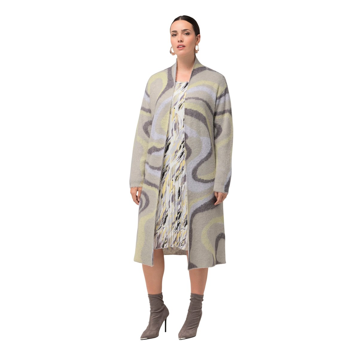 Cardigan long et ouvert, en maille Jacquard gris clair, ULLA POPKEN