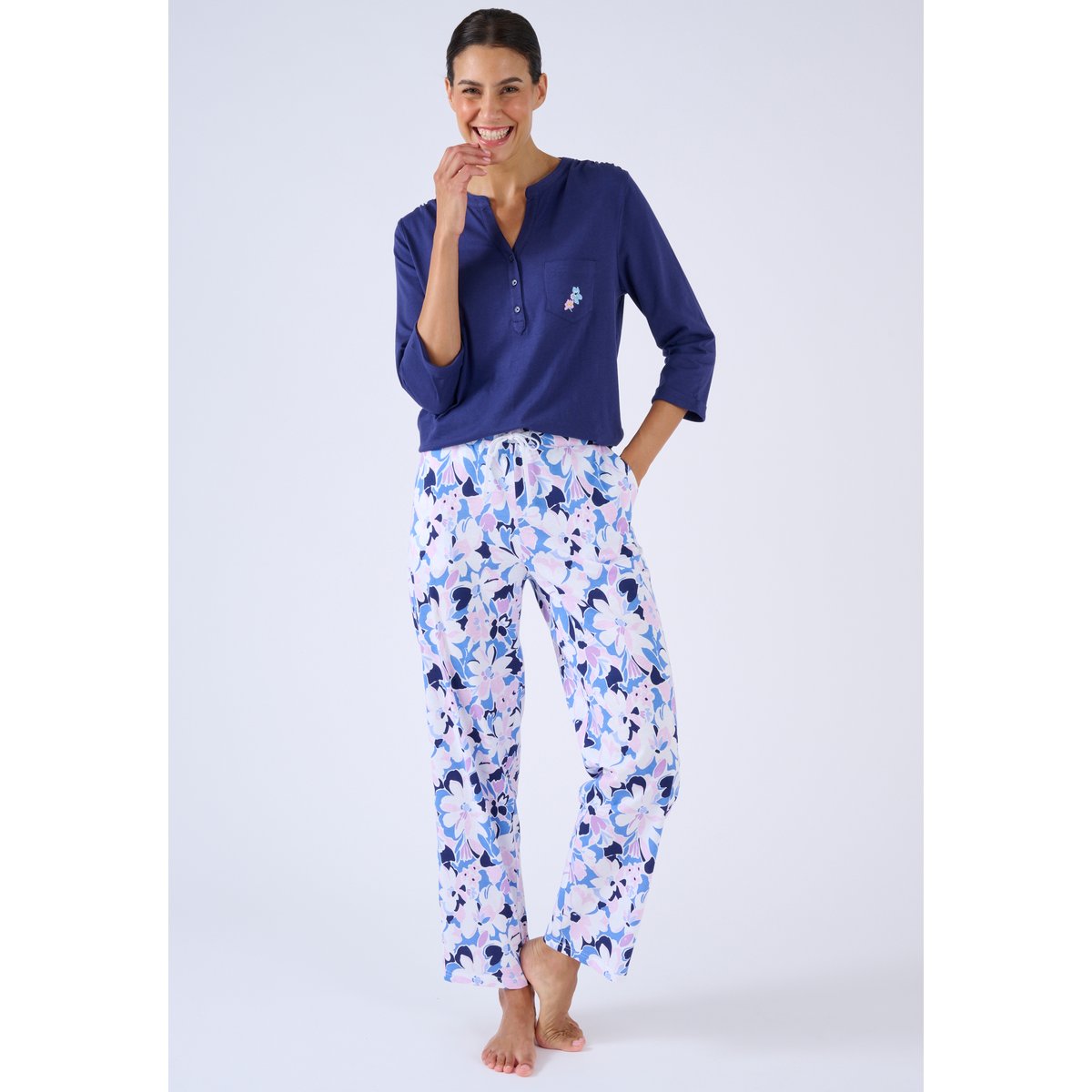 T-shirt de pyjama col tunisien en pur coton bleu nuit, DAMART