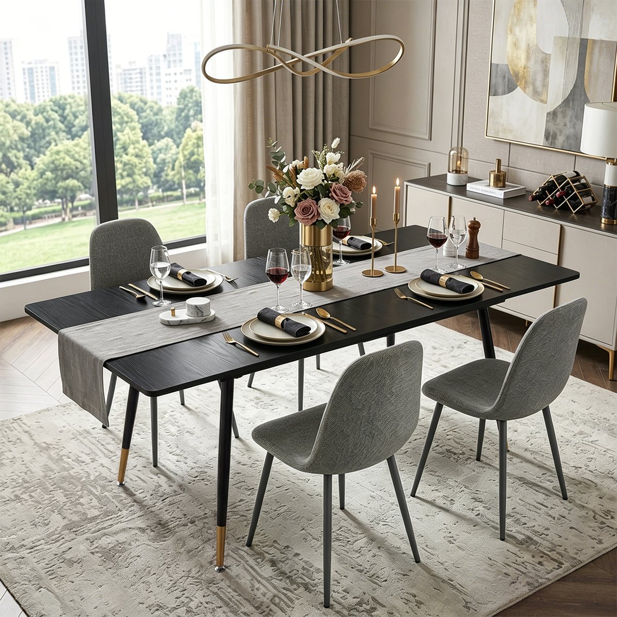 Ensemble de table à manger extensible à allonge avec 4 chaises, WHALENCHARLTON gris foncé, MEUBLES COSY
