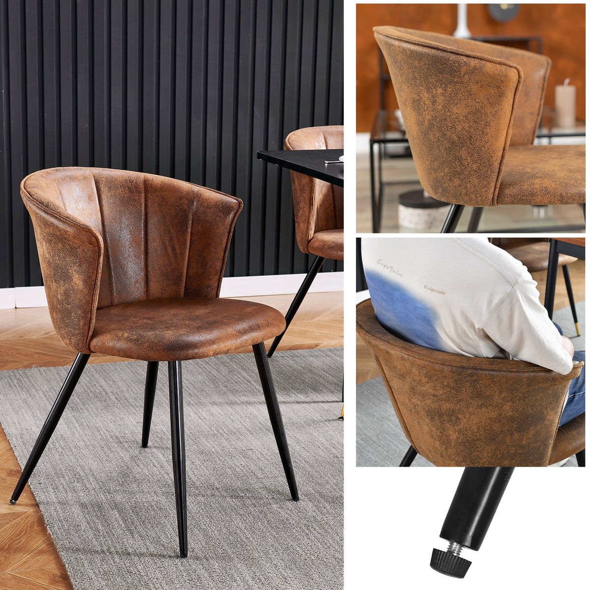 Lot de 6 chaises de salle à manger en microfibre effet suédine style vintage rétro avec structure en métal noir, DONCIC marron, MEUBLES COSY