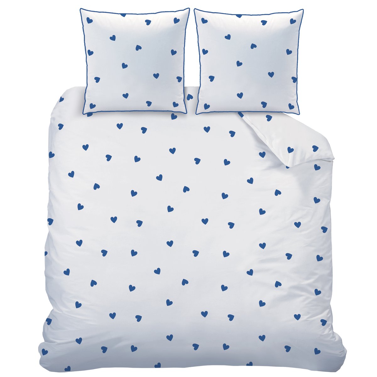 Parure de lit imprimée 100% coton, PLUIE DE COEURS blanc, bleu, MATT ET ROSE