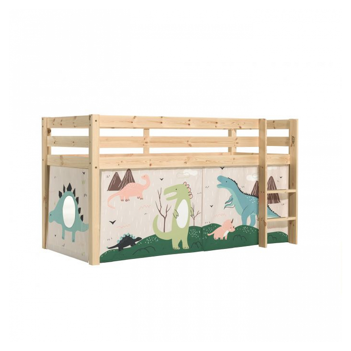 Lit Compact Naturel + Rideau en parties Dinos couleur unique, VIPACK