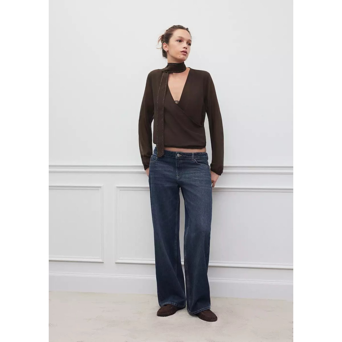 Blouse croisée avec perles marron, MANGO TEEN
