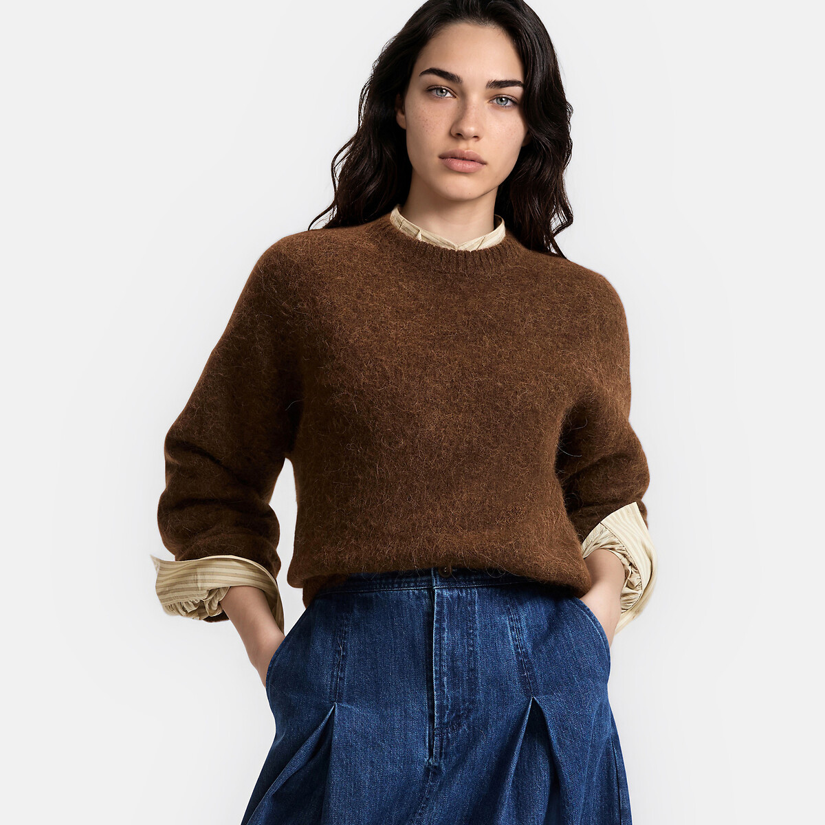 Pull col rond en alpaga brossé mélangé, Signature AZELIE marron, LA REDOUTE COLLECTIONS
