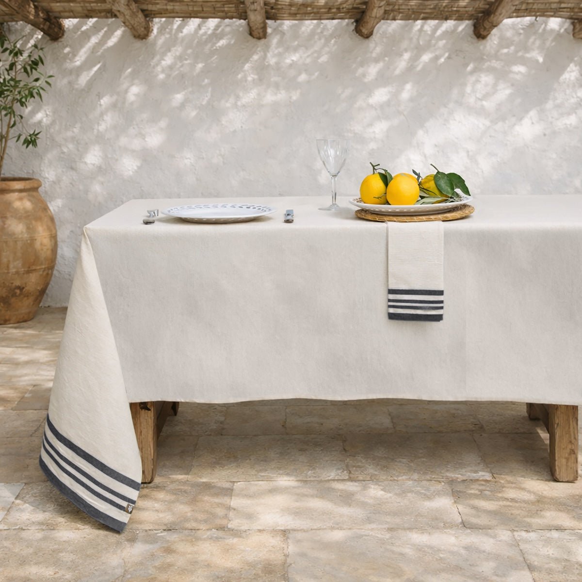 Nappe + 8 serviettes coton GUETARY beige lin / noir, FEBRONIE