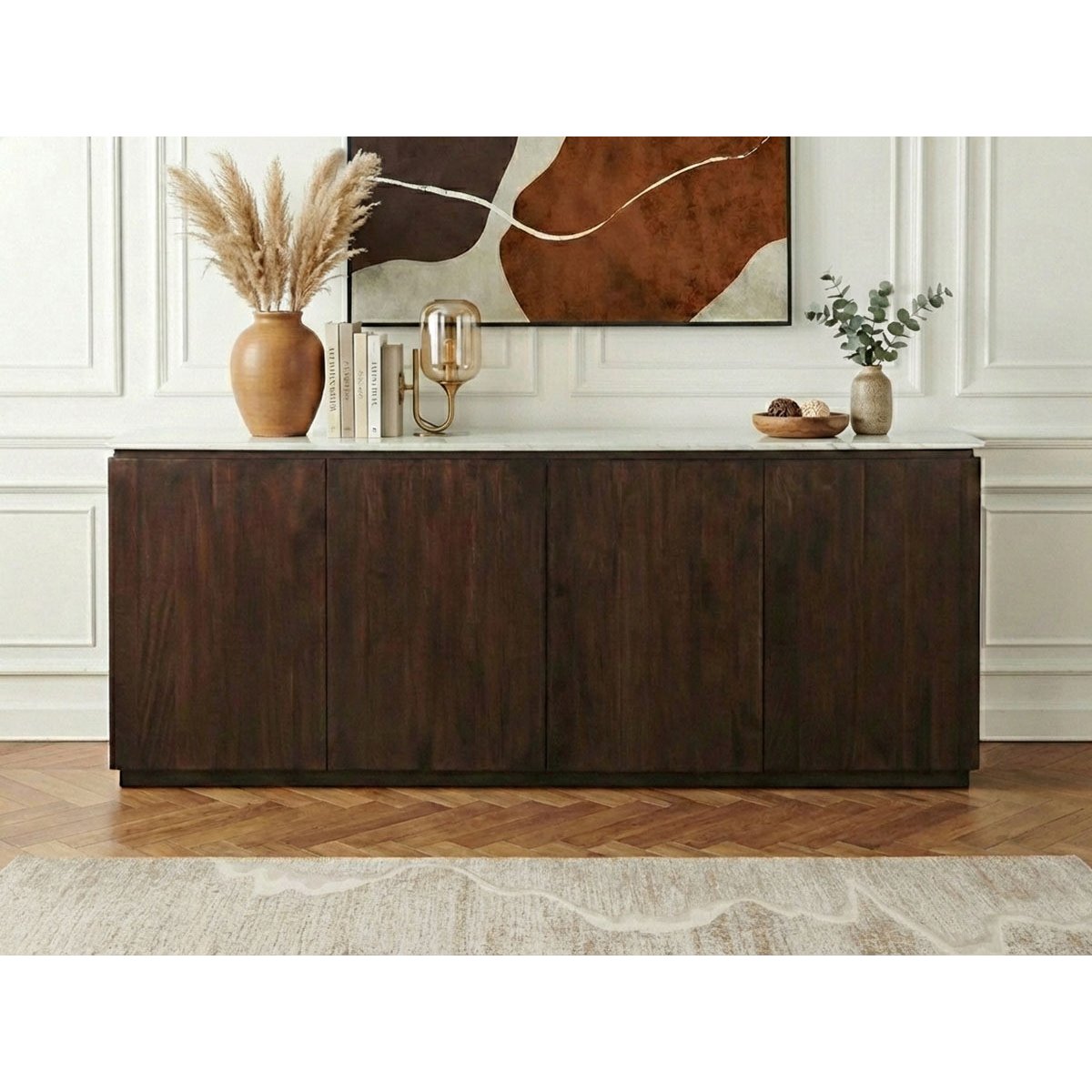 Buffet en bois massif 4 portes 200 cm, BARBARA marron foncé, BOBOCHIC