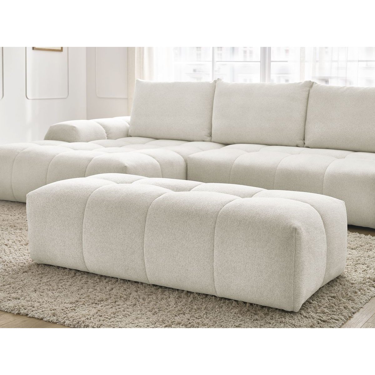 Canapé d'angle convertible 4 places en tissu chiné avec pouf, EVEREST blanc, BOBOCHIC