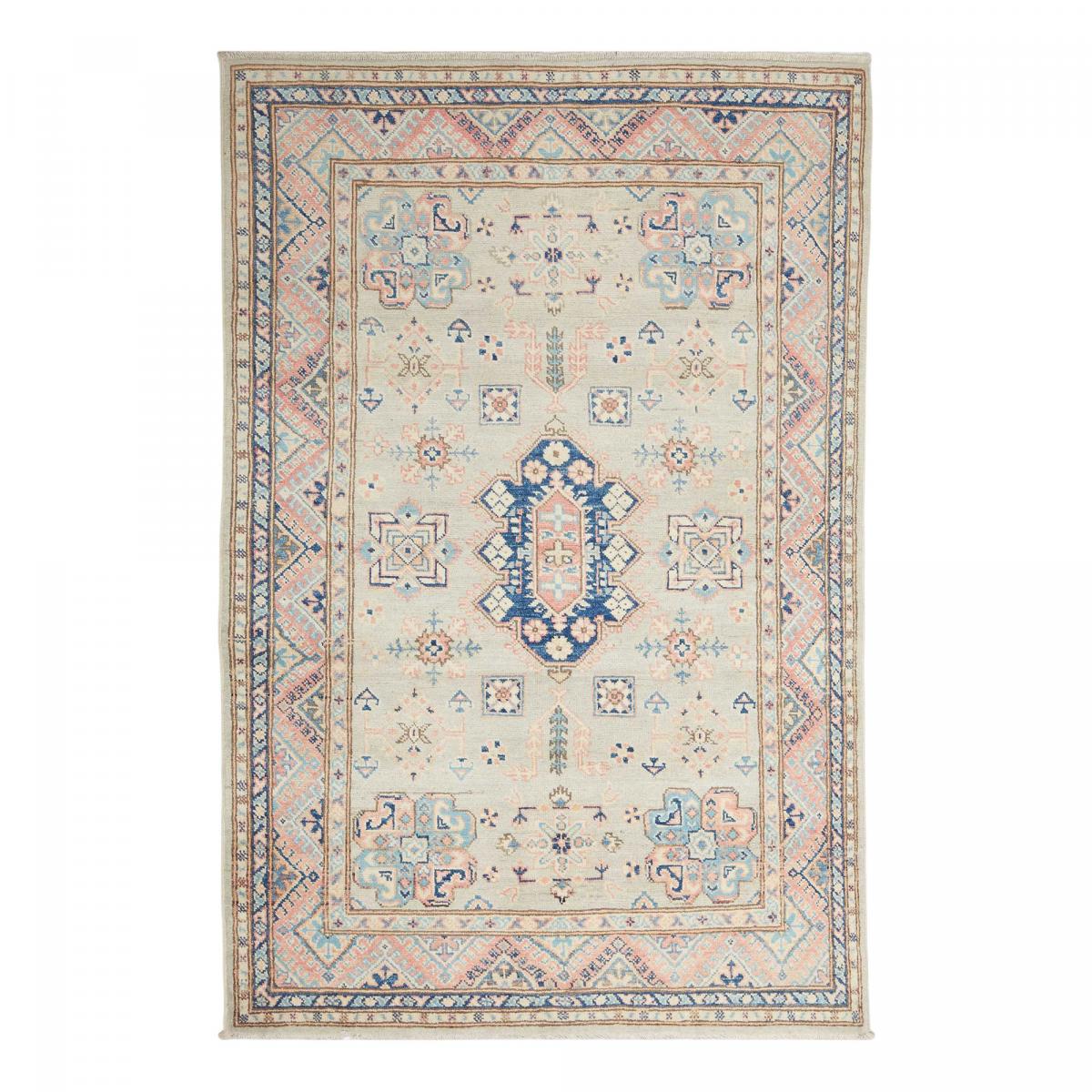 Tapis salon géométrique, noué main en laine, KAZAK CO 56 crème, bleu, rose, UN AMOUR DE TAPIS
