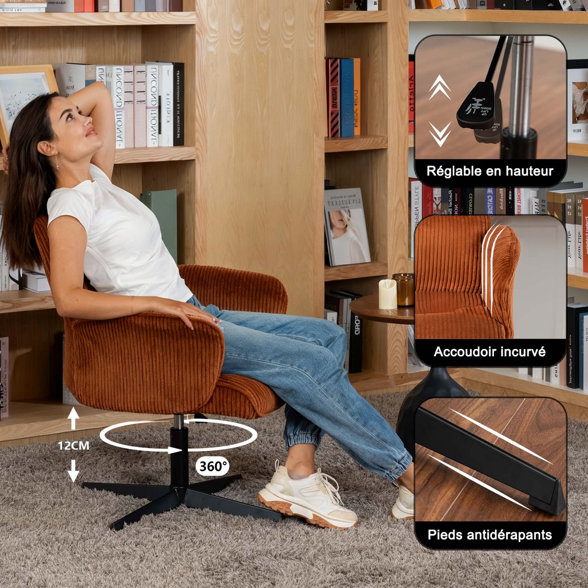 Ensemble de bureau d’angle rotatif avec portes rotin et chaise de bureau, DICCPERNTHOMASINACORD rouge, MEUBLES COSY