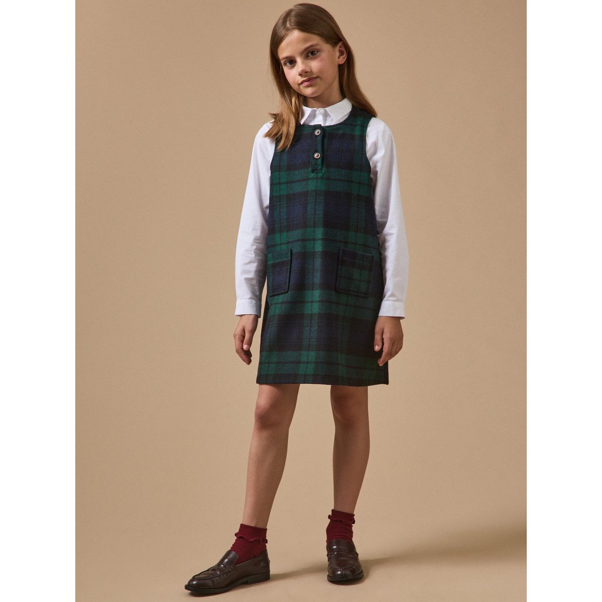 Robe chasuble imprimée tartan carreaux vert/marine, CYRILLUS