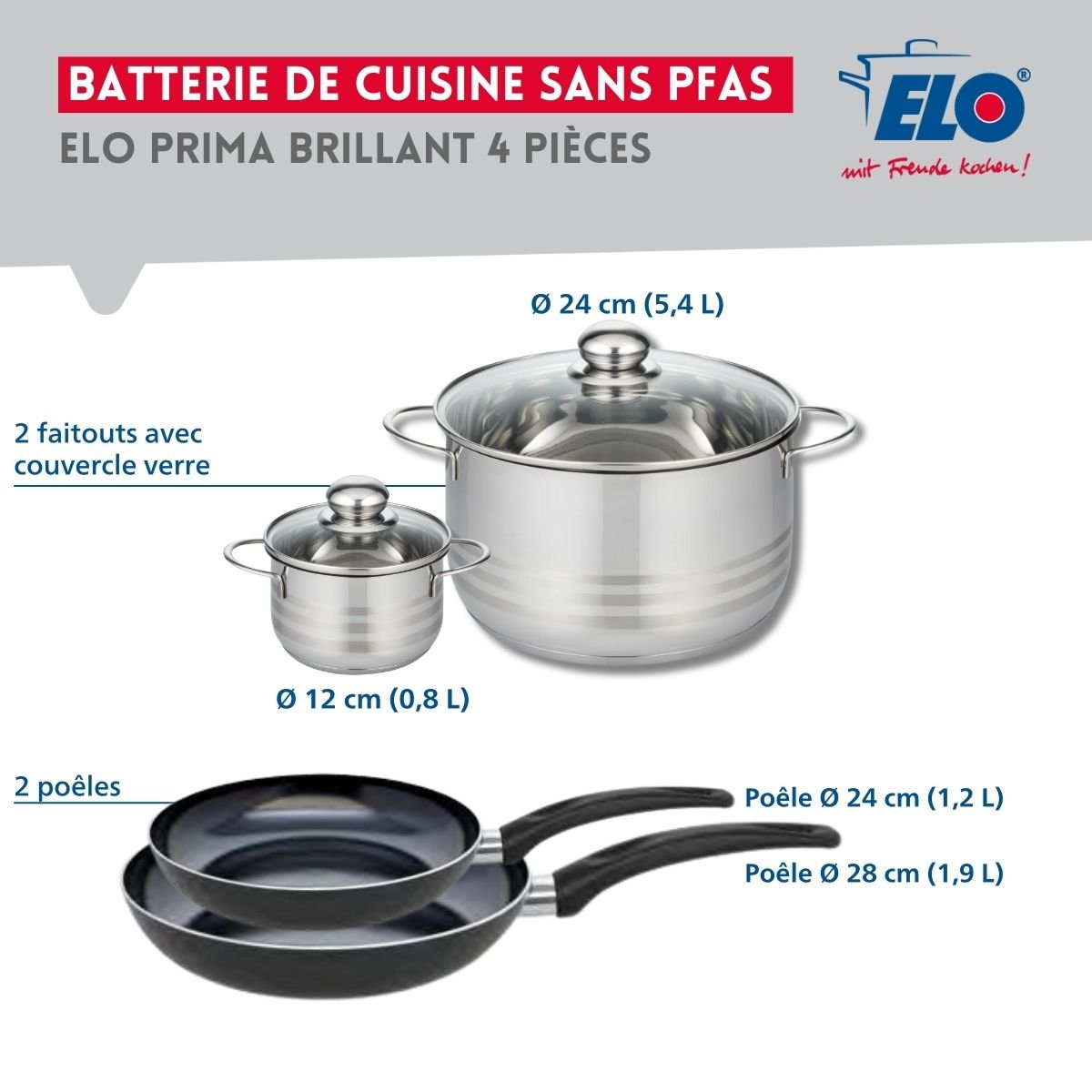 Batterie 2 poêles 24/28cm + 2 faitouts 12/24cm PRIMA BRILLANT noir, ELO