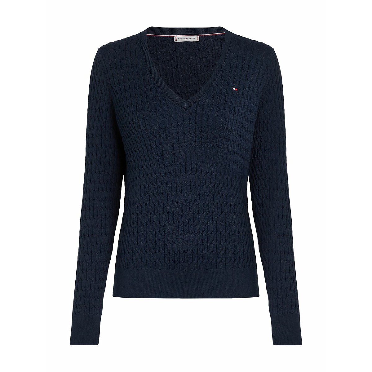 Pull col V maille torsadée marine, TOMMY HILFIGER
