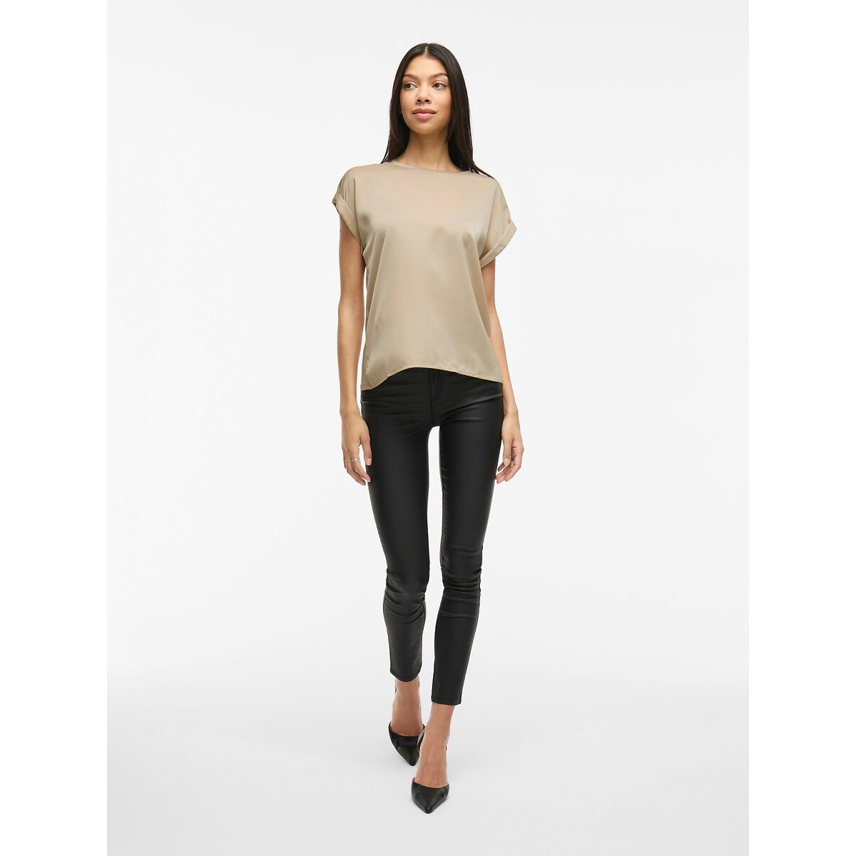 T-shirt satiné, col rond crème, VILA