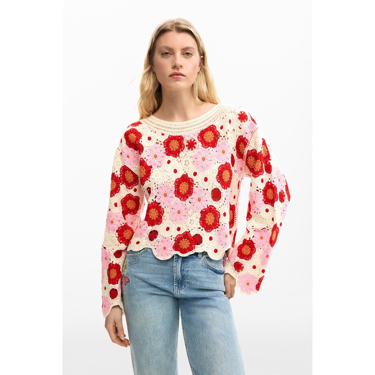 Pull fleurs crochet beige, DESIGUAL