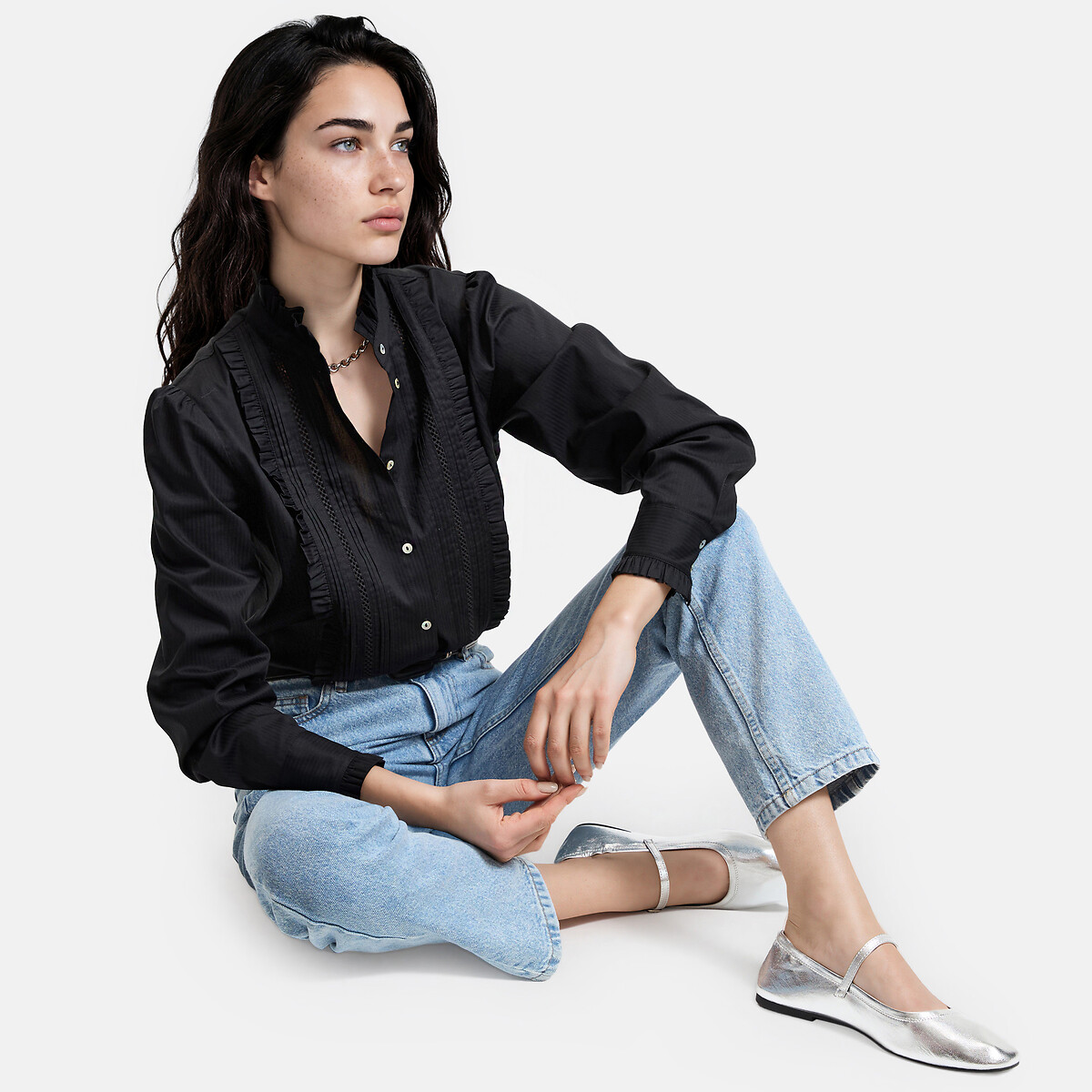 Blouse col victorien manches longues avec plastron noir, LA REDOUTE COLLECTIONS