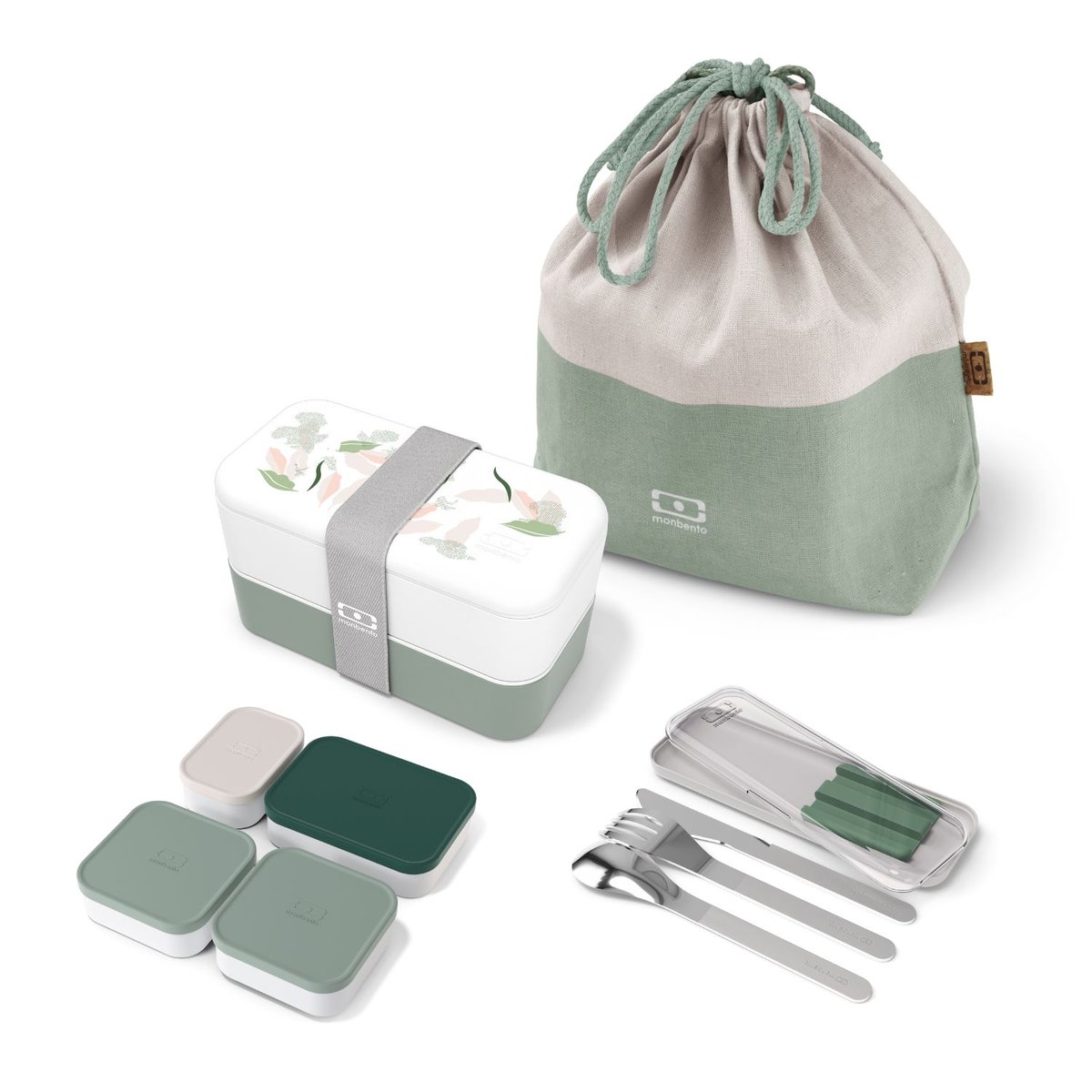 Set repas lunch box 2 étages 1L avec accessoires vert leaves, MONBENTO