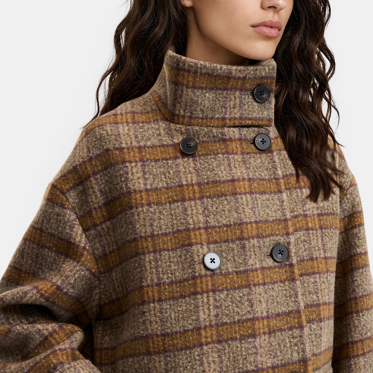 Cappotto a quadri con collo alto, in lana, a doppia fila di bottoni marrone a quadretti , LA REDOUTE COLLECTIONS