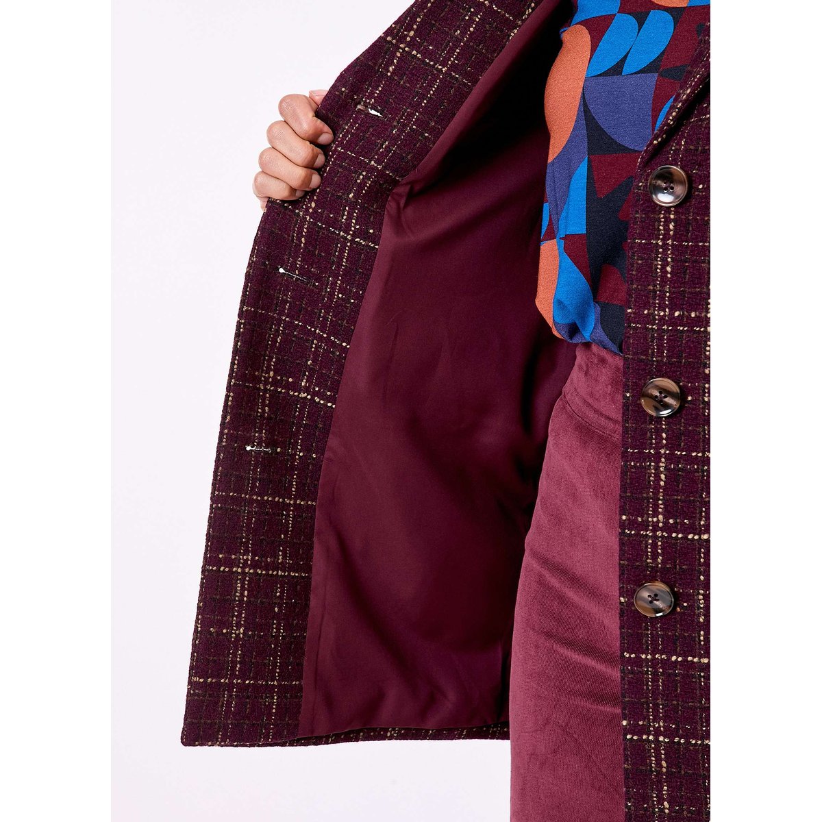Manteau droit à carreaux AUDREY rouge bordeaux foncé, LA FIANCÉE