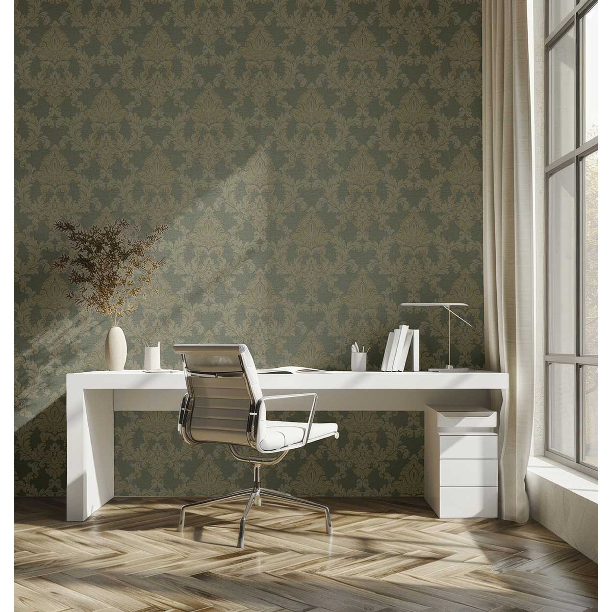 Papier peint baroque médaillon doré fond vert beige, HEXOA