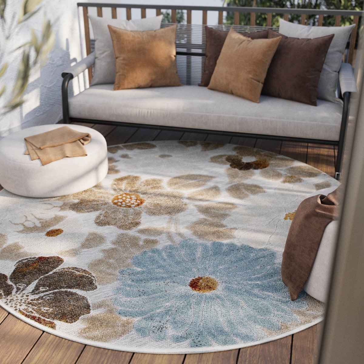 Tapis intérieur extérieur rond vintage floral ,  Beach Flower beige,bleu clair,jaune, WECON HOME