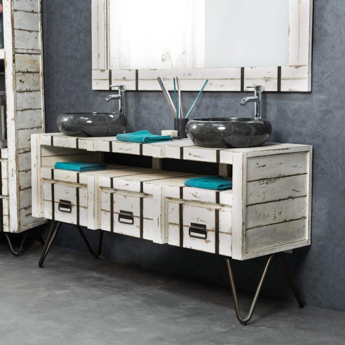 Meuble mindi et métal rectangle double sous vasque 160 LOFT blanc, WANDA COLLECTION