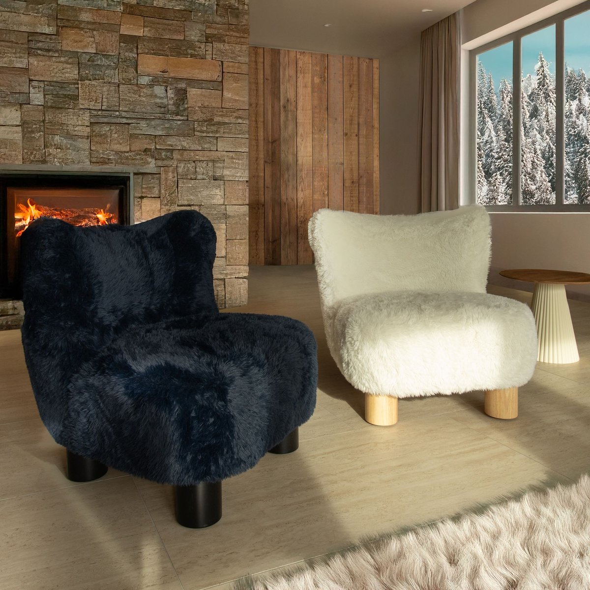Fauteuil imitation fourrure et structure en bois, ARTIC bleu-naturel, NOW'S HOME