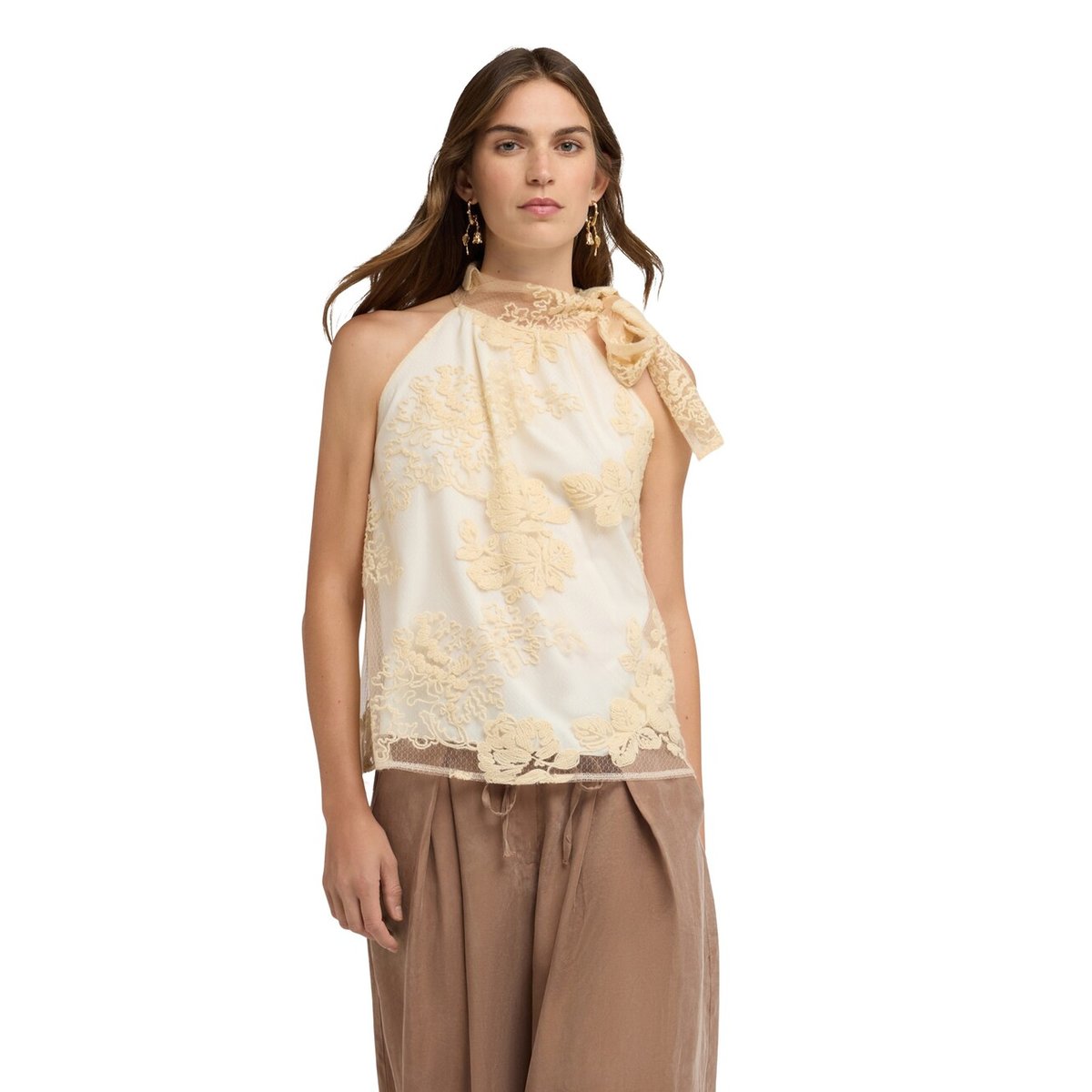 Top avec broderies et col licou beige, MOTIVI