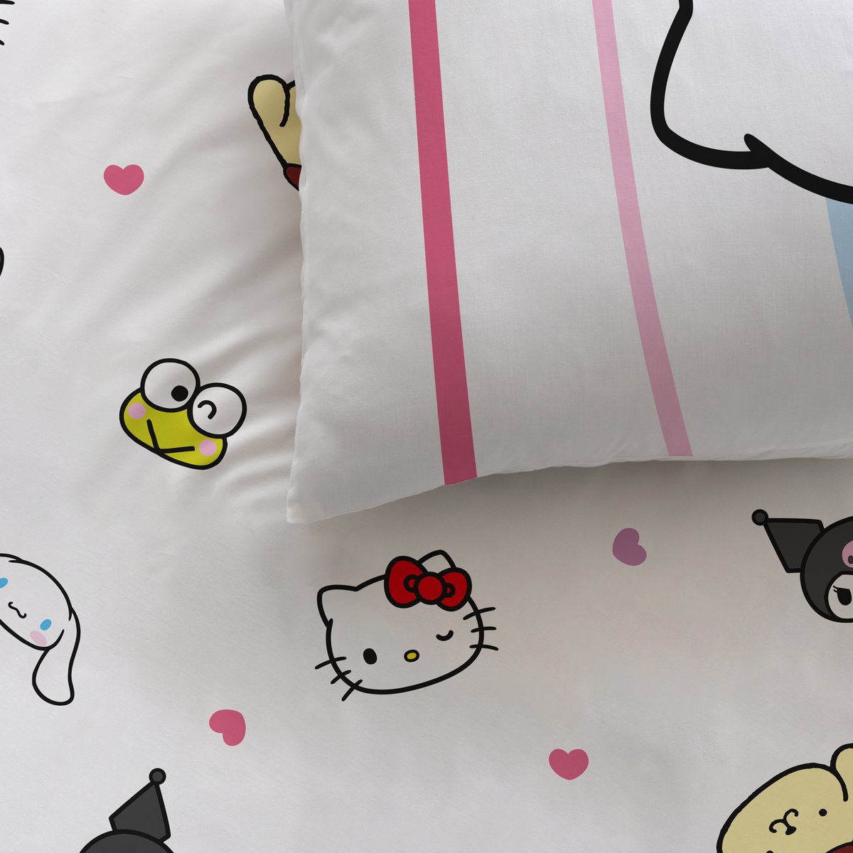 Parure de lit imprimée 100% coton, FRIENDLY blanc, HELLO KITTY