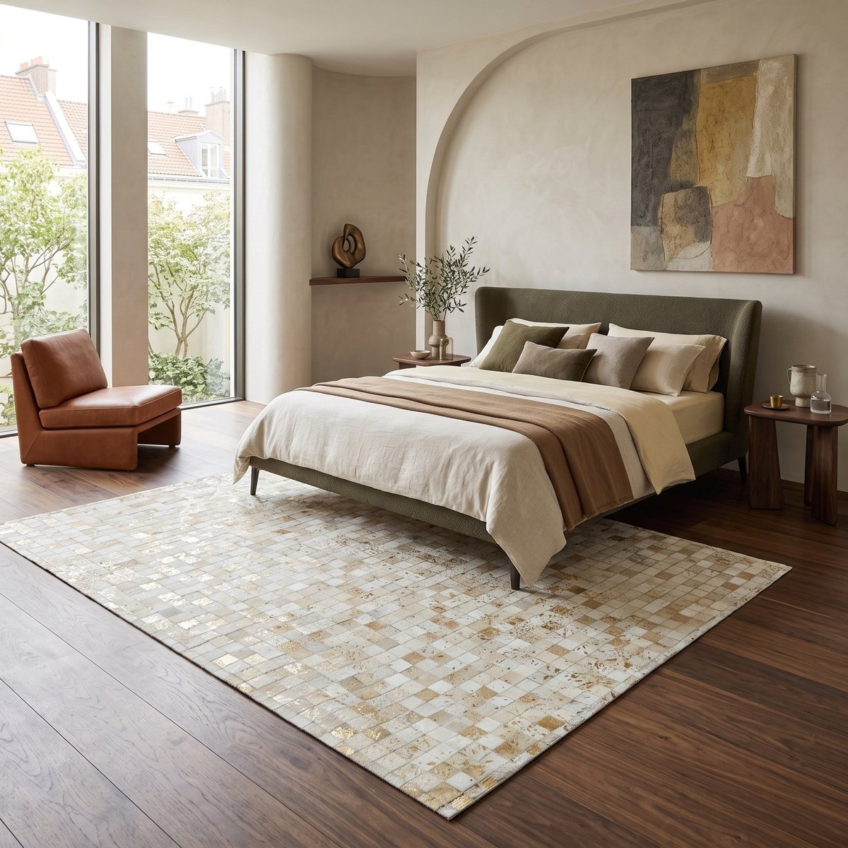 Tapis en cuir véritable CUIR MOZAIQUE METAL GOLD blanc, doré, THE DECO FACTORY