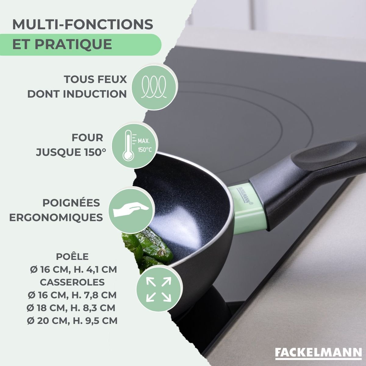 Batterie 1 poêle 16cm + 3 casseroles 16/18/20cm BRANDAO noir|vert, FACKELMANN