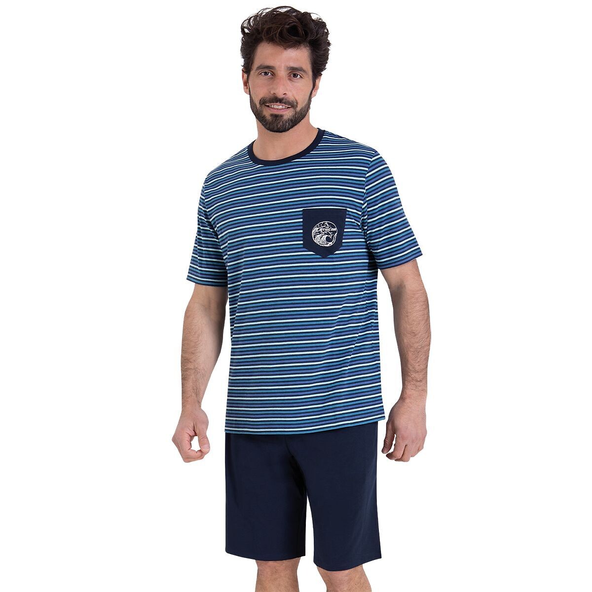 Pyjama court col rond bleu/marine, ATHENA