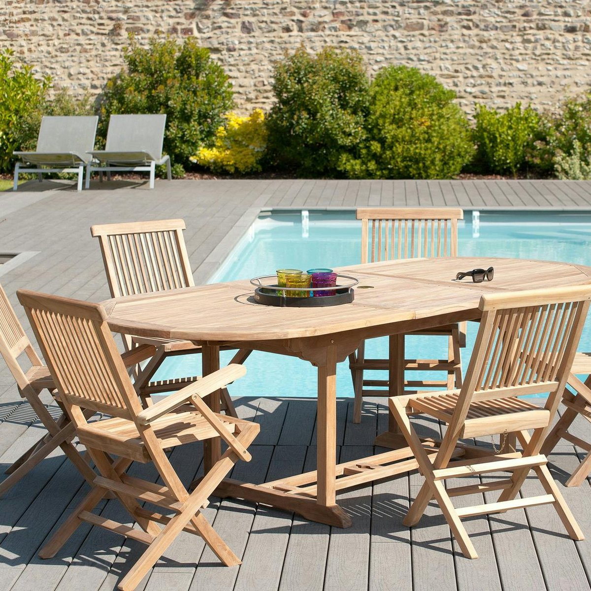 Lot de 2 fauteuils chaises à accoudoirs de jardin pliants en bois de teck brut massif SUMMER bois naturel, PIER IMPORT