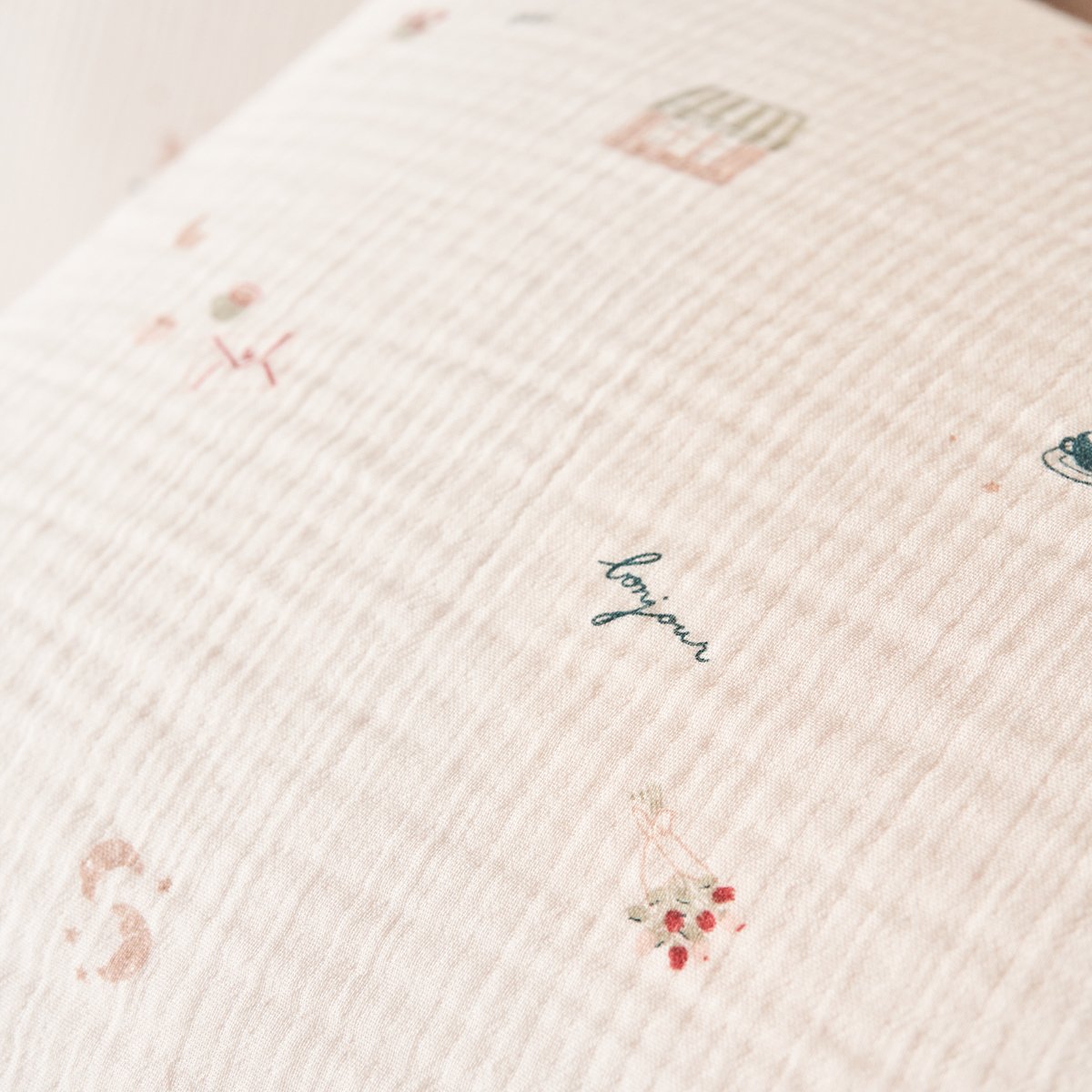 Taie d'oreiller imprimée en gaze de coton, BREAKFAST IN PARIS beige, ESSIX