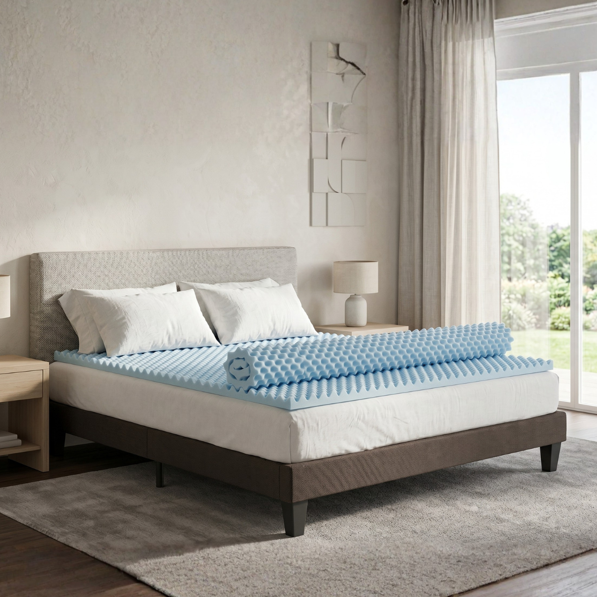 Surmatelas Gel Refresh - Mémoire de forme + gel thermorégulant - Fabriqué en France - 6 cm d'épaisseur bleu, BELLECOUR