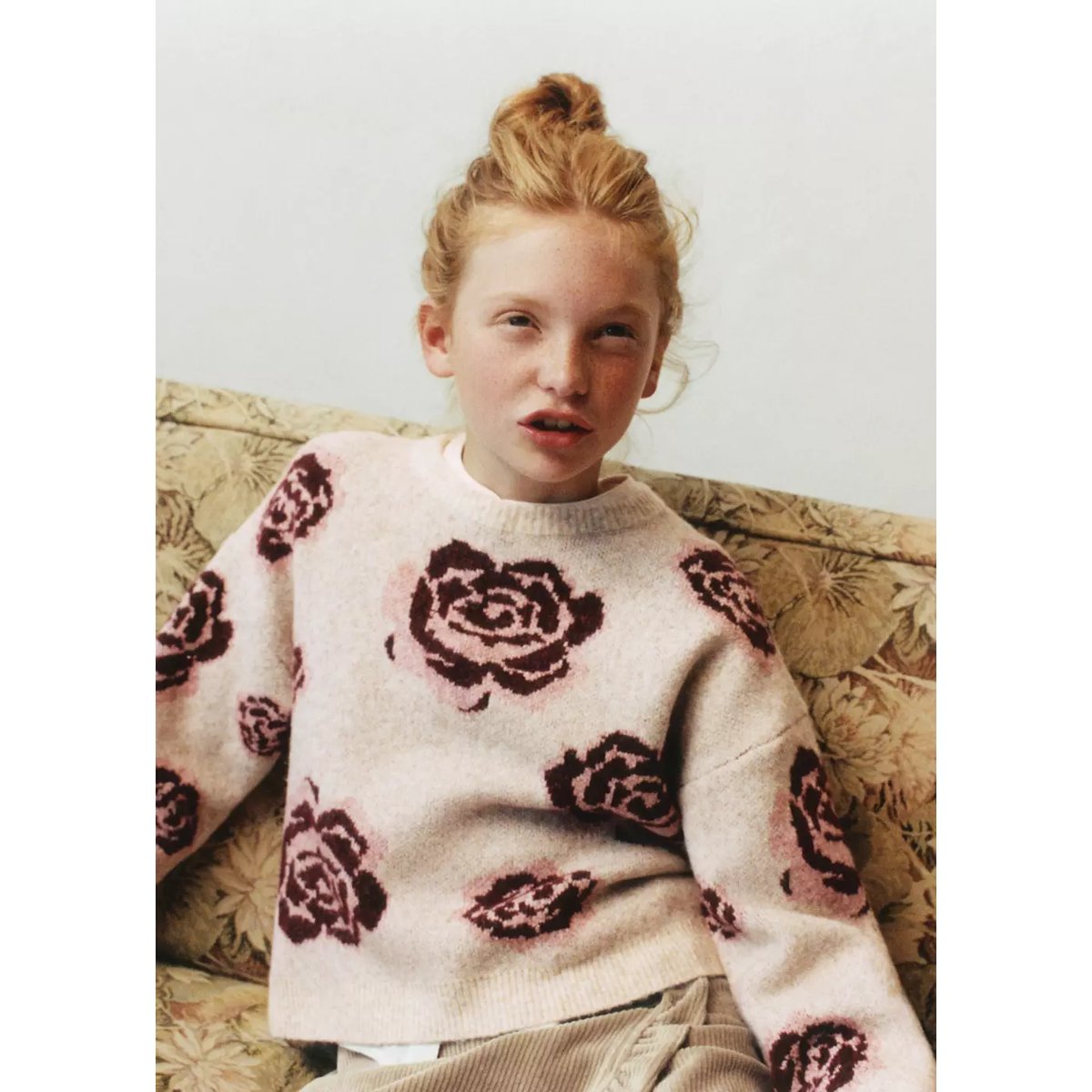 Pull-over maille fleurs beige, MANGO KIDS