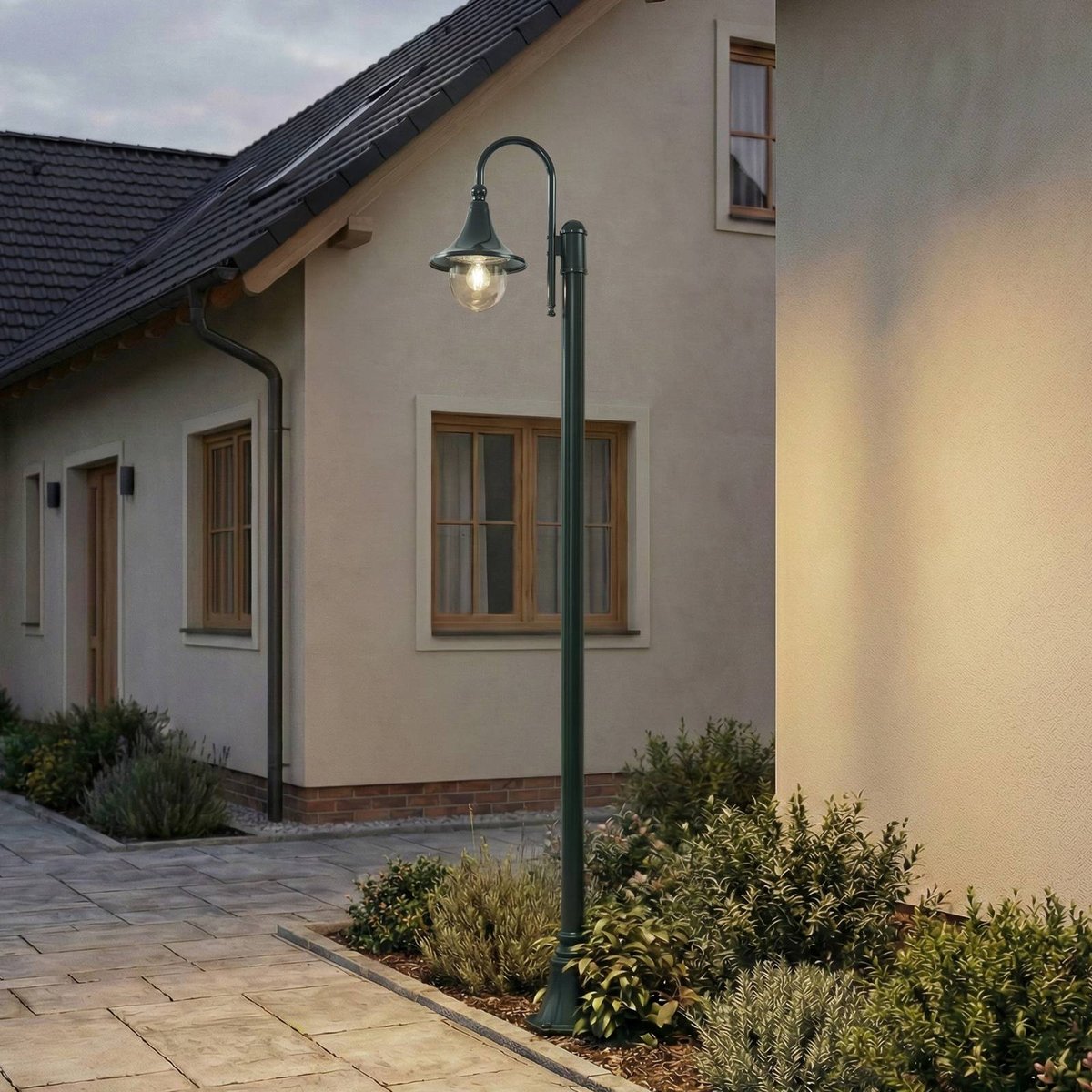 Lampadaire extérieur en aluminium antique vert, transparent, LINDBY