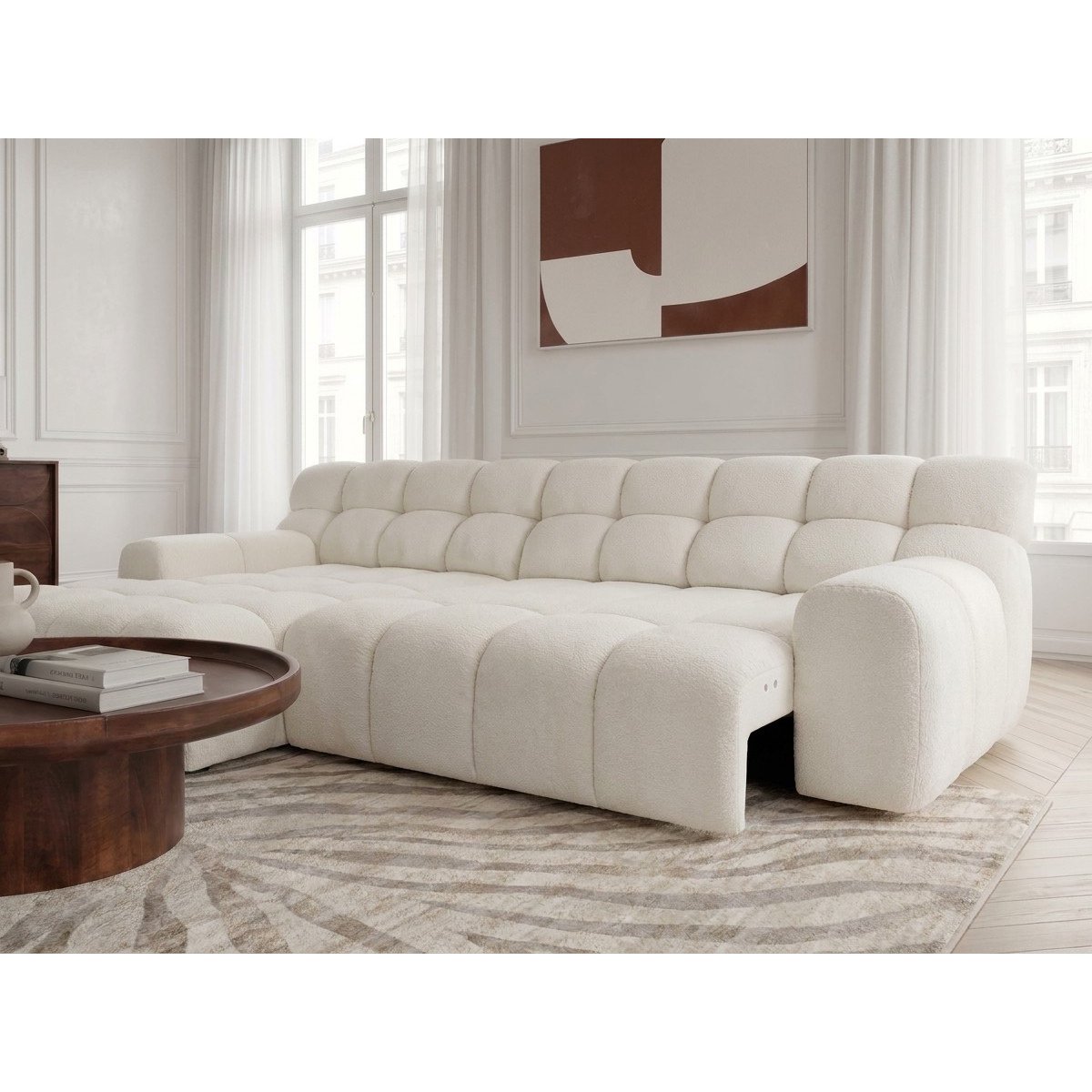 Canapé d'angle convertible 3 places en tissu texturé, ANDRE blanc, BOBOCHIC