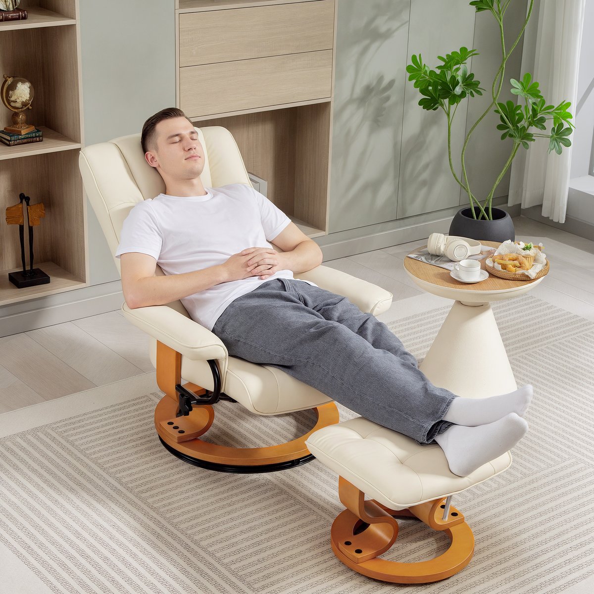 Fauteuil inclinable avec repose-pieds crème, bois naturel, HOMCOM