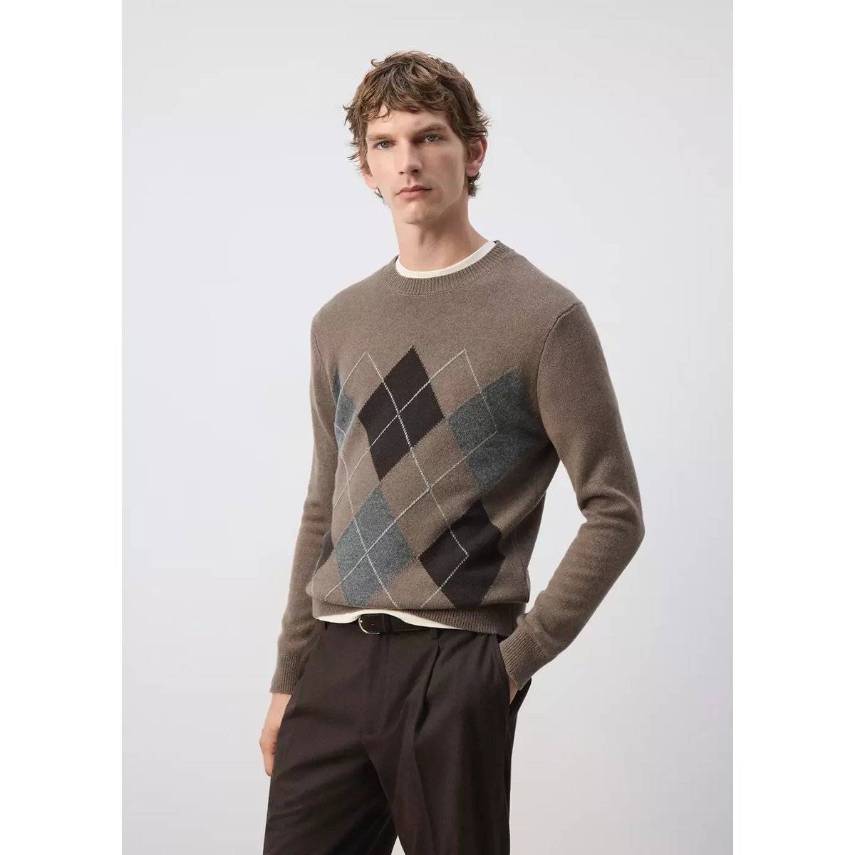 Pull-over maille laine mélangée marron moyen, MANGO MAN