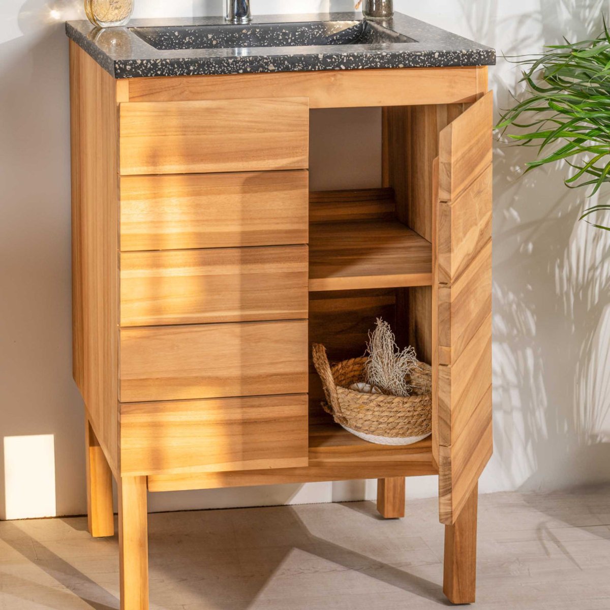 Meuble salle de bain en teck et terrazzo noir Ananta 60cm noir, WANDA COLLECTION