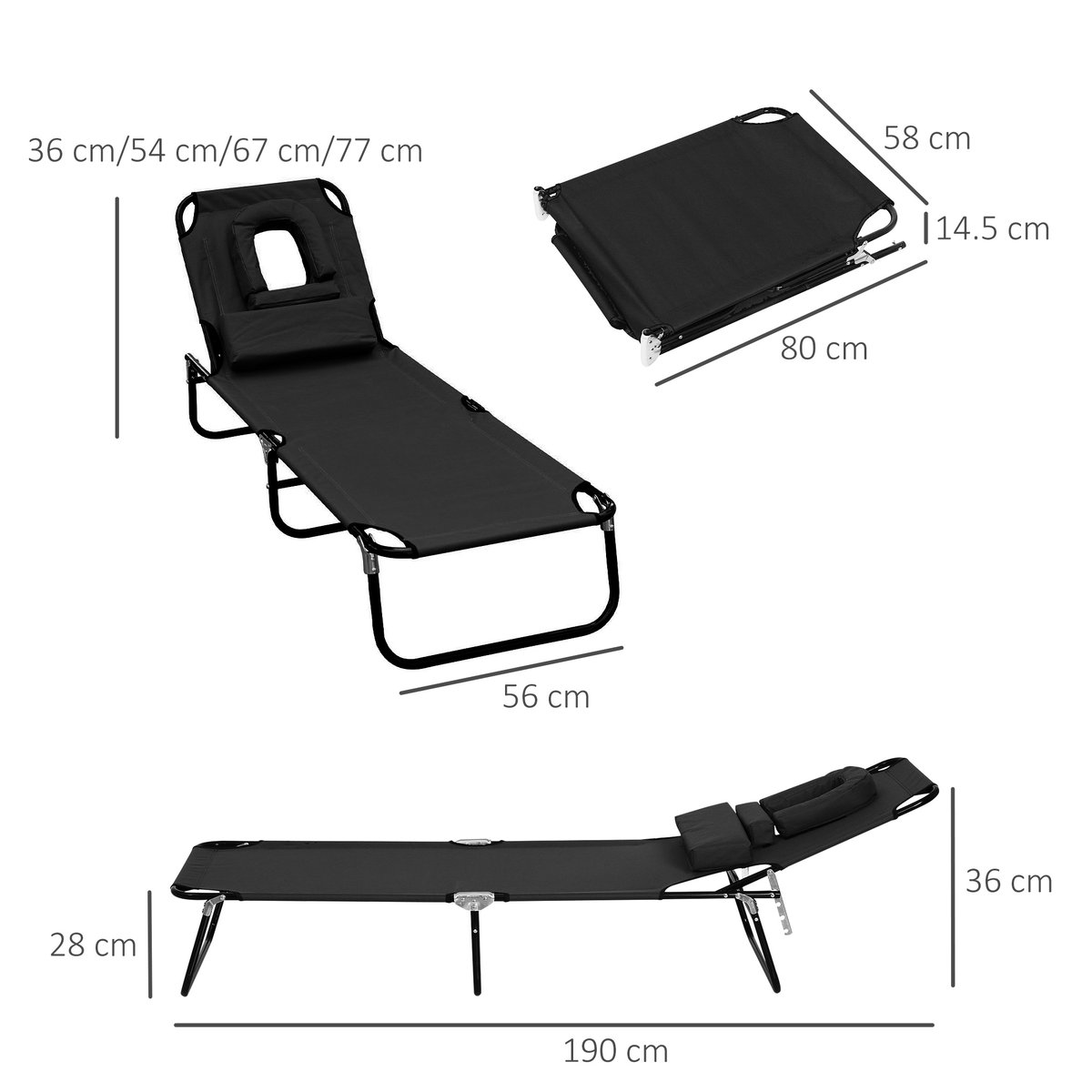 Chaise longue Bois Noir noir, OUTSUNNY