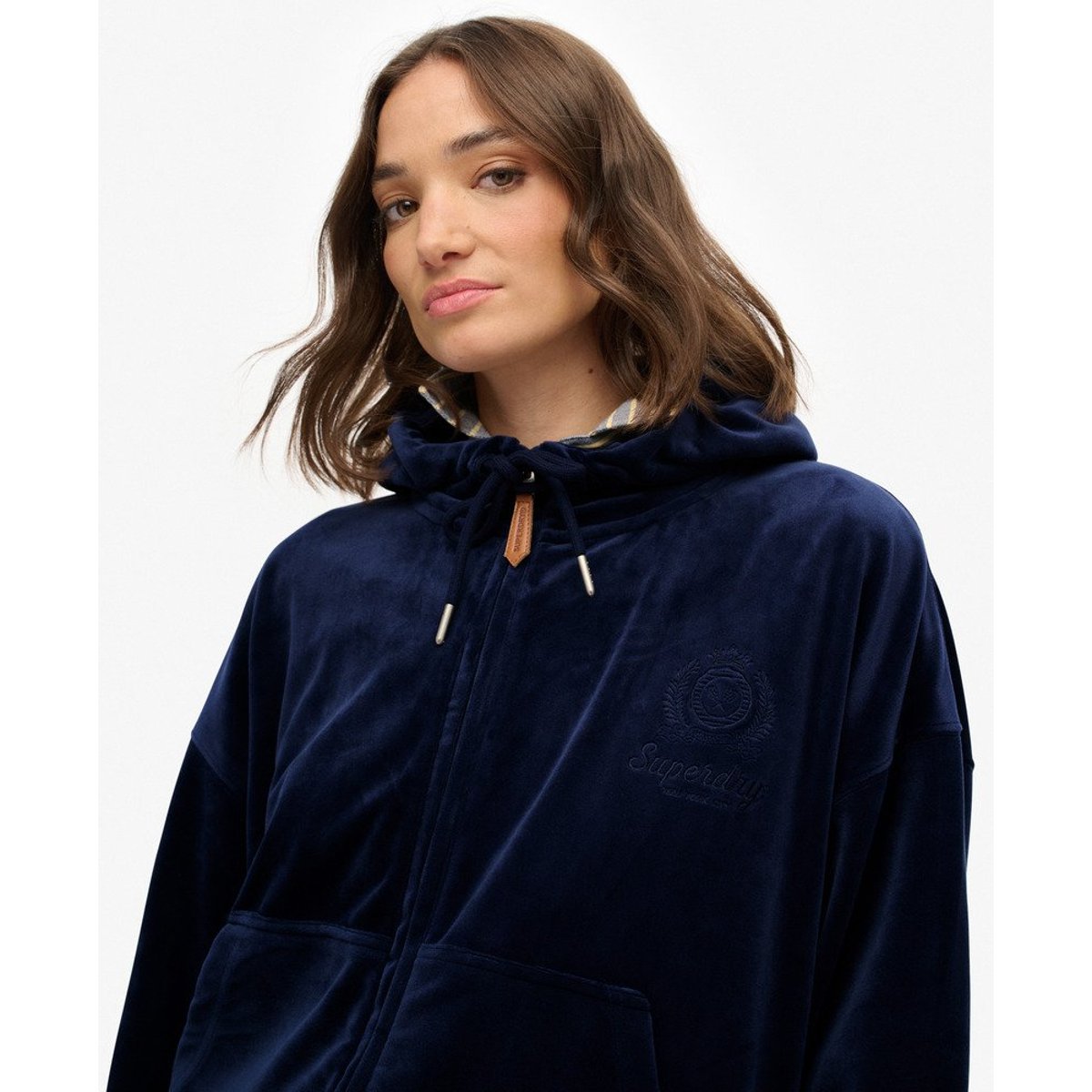 Sweat à capuche Country Club en velours bleu marine intense, SUPERDRY