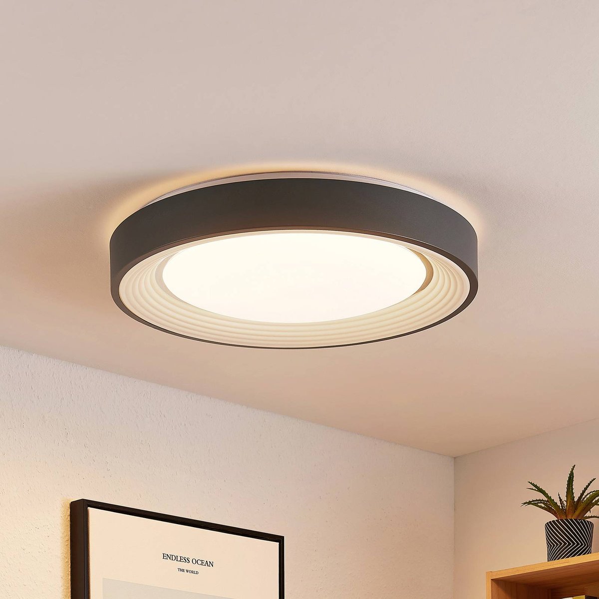 Plafonnier en métal moderneLED, Lindum blanc, gris foncé, LINDBY