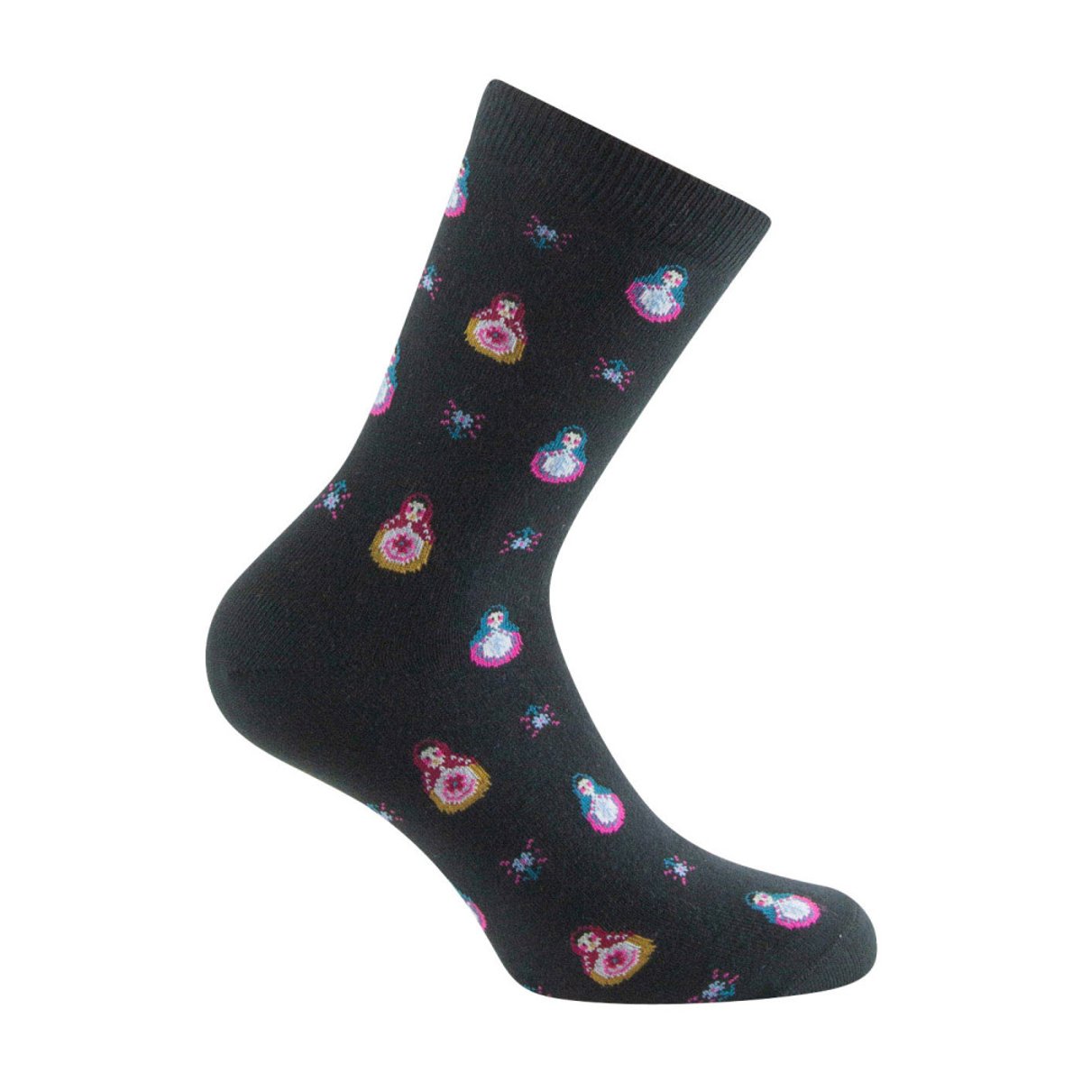 Mi-chaussettes Femme fantaisie jersey Poupées russes Coton noir, KINDY