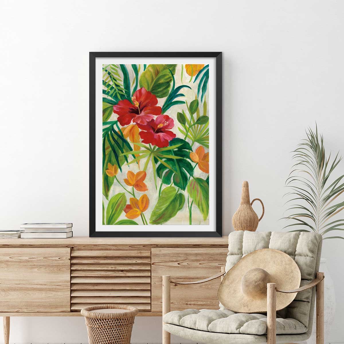 Poster Jardin tropical affiche + cadre en bois - noir, HEXOA