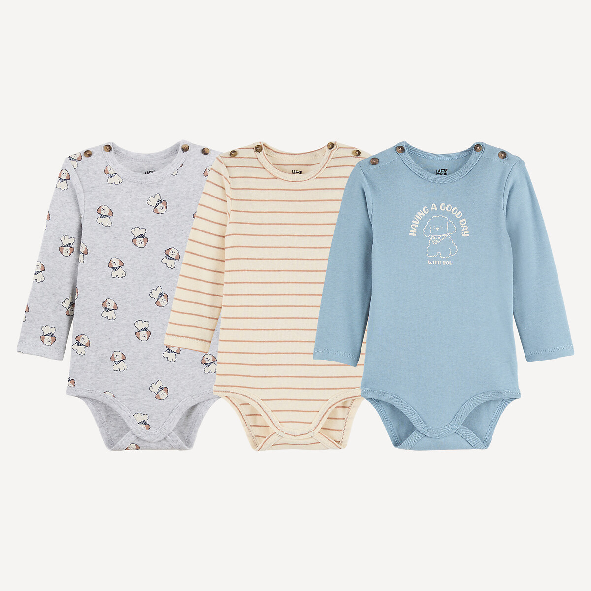 Lot de 3 bodies manches longues, épaules boutonnées, 2 motif chiens, 1 rayé assortis, LA REDOUTE COLLECTIONS